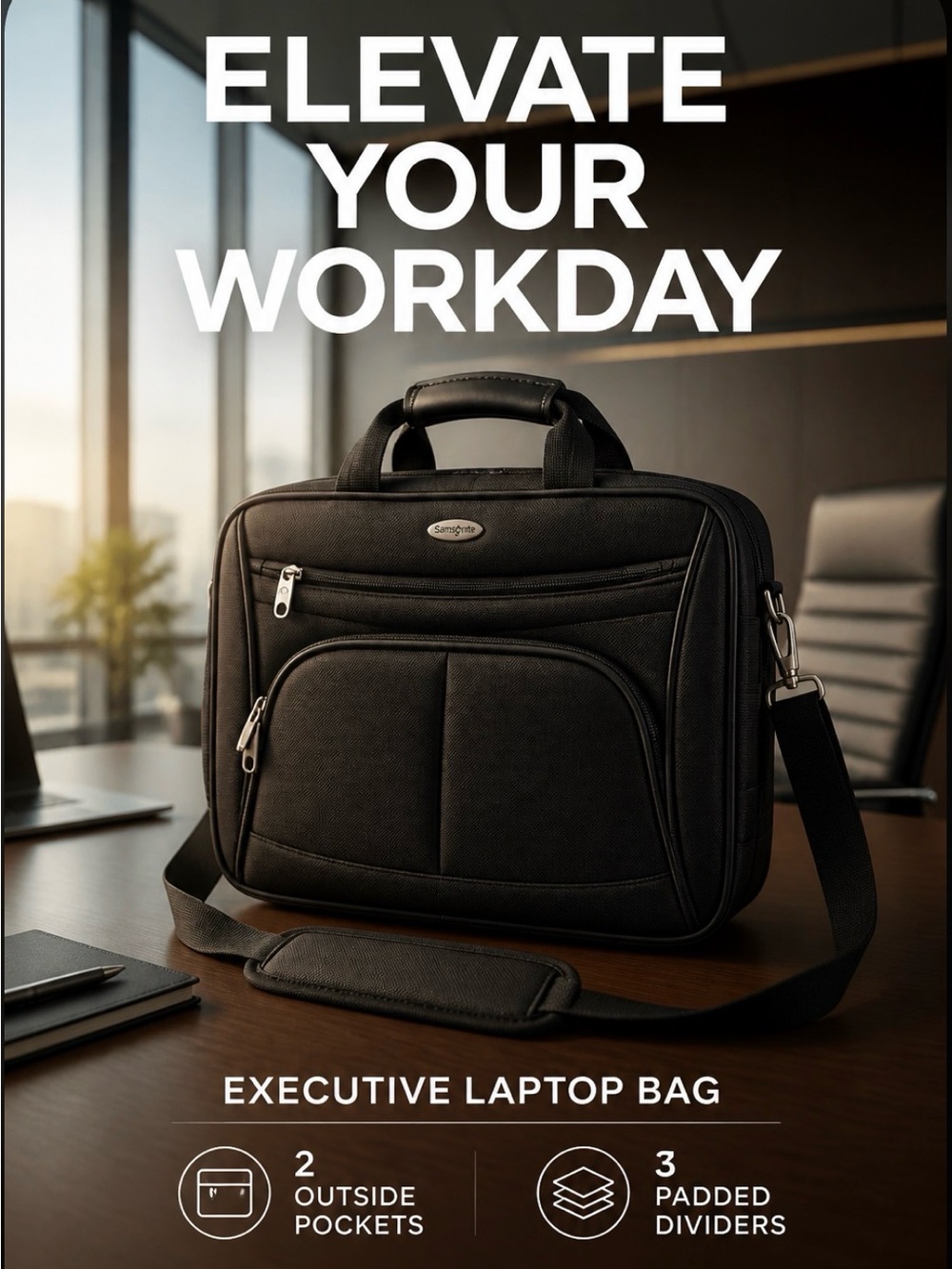 Samsonite Black Executive Laptop Briefcase with Shoulder Strap